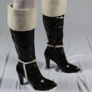 Nine West High Heel Knee Boots 6-1/2 Brown Patent Leather and Faux Shearling